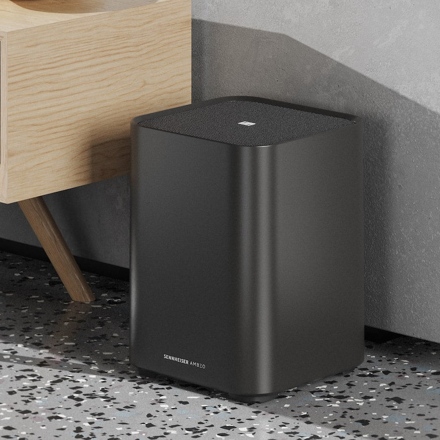 Sennheiser Ambeo Subwoofer for immersive home theater, showing the sleek black subwoofer with control panel and ports.