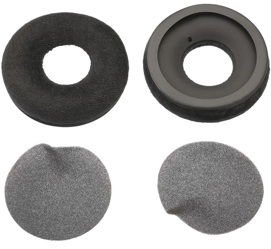 Sennheiser HD 25 headphone velour earpads attached to headphones, showing soft fabric cushioning for comfortable wear.