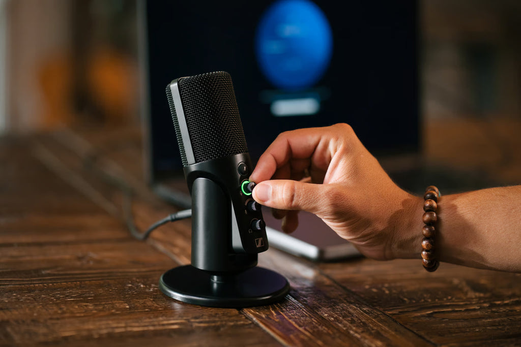 Sennheiser Profile Streaming Set microphone stands with adjustable arms and black finish, designed for professional audio streaming setups.
