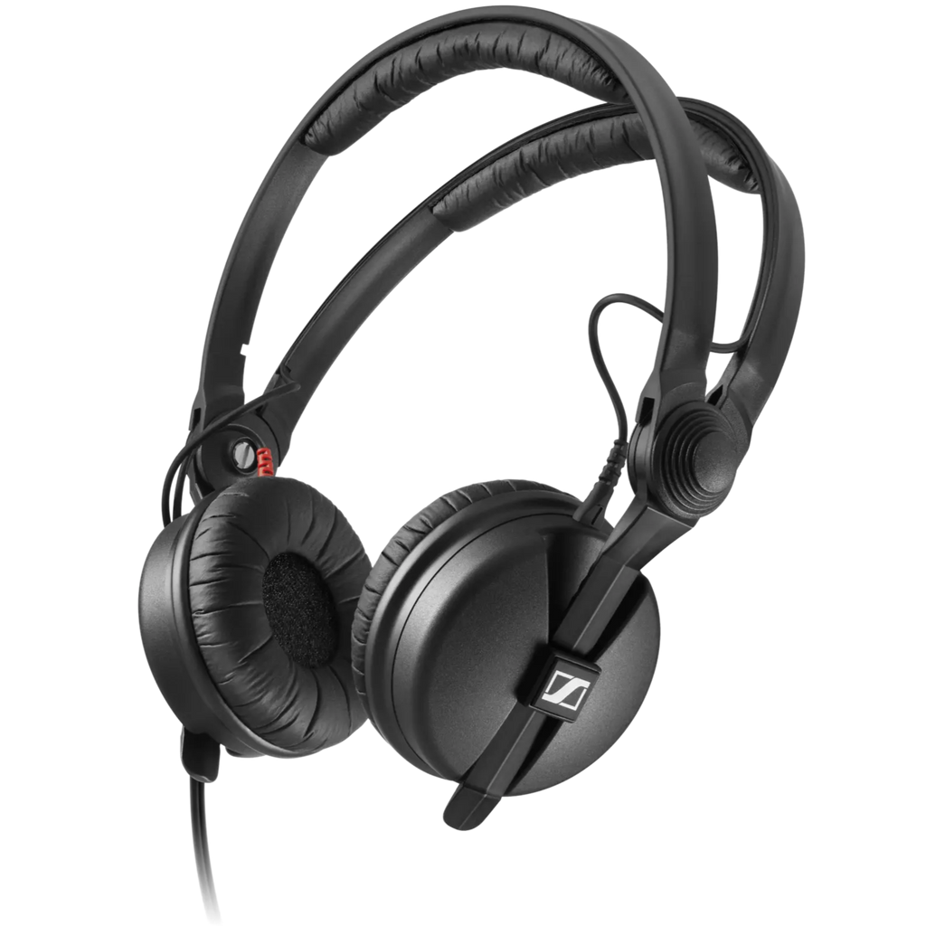 Sennheiser HD 25 DJ headphones with adjustable headband and over-ear design, featuring black ear cups and cable connection.