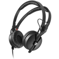 Sennheiser HD 25 DJ headphones with adjustable headband and over-ear design, featuring black ear cups and cable connection.