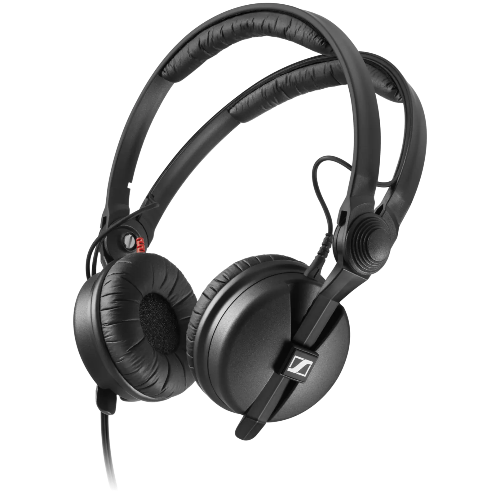Sennheiser HD 25 DJ headphones with adjustable headband and over-ear design, featuring black ear cups and cable connection.