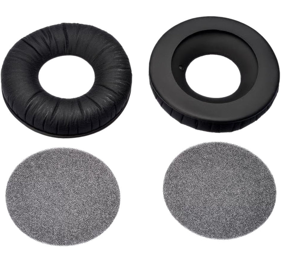 Sennheiser HD 25 headphone leather earpads, close-up view showing soft padding and durable black material.