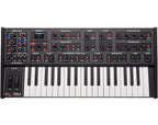 Sequential Fourm keyboard synthesizer with sleek black design and control knobs, showcasing its compact, professional music production interface.