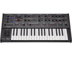 Sequential Fourm keyboard synthesizer with multiple knobs and controls, featuring a sleek black design and a compact layout.