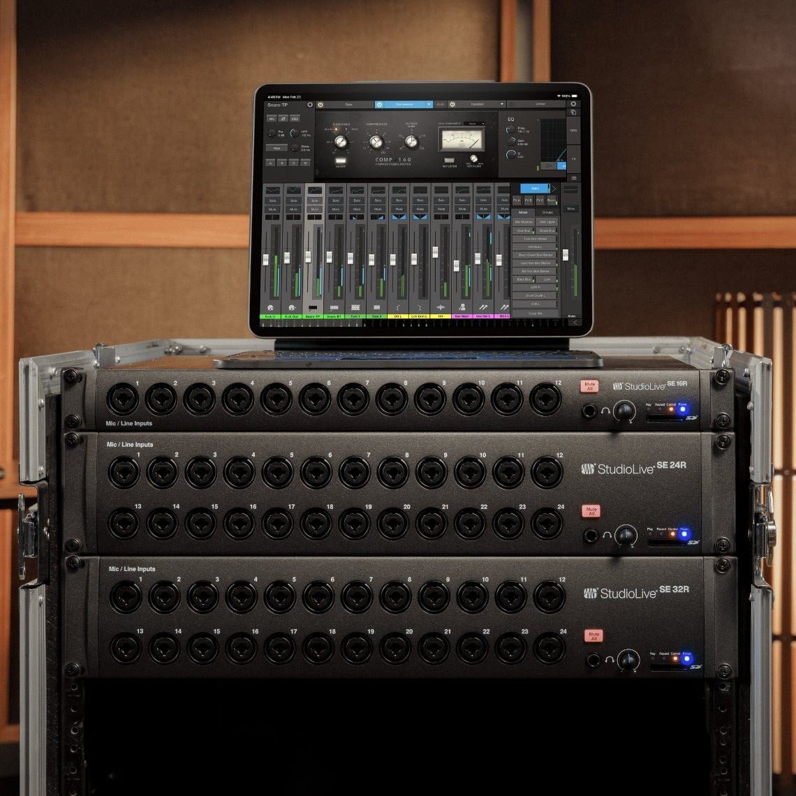 PreSonus StudioLive Series III SE 16R digital mixer with touch screen, control knobs, and multiple input channels.