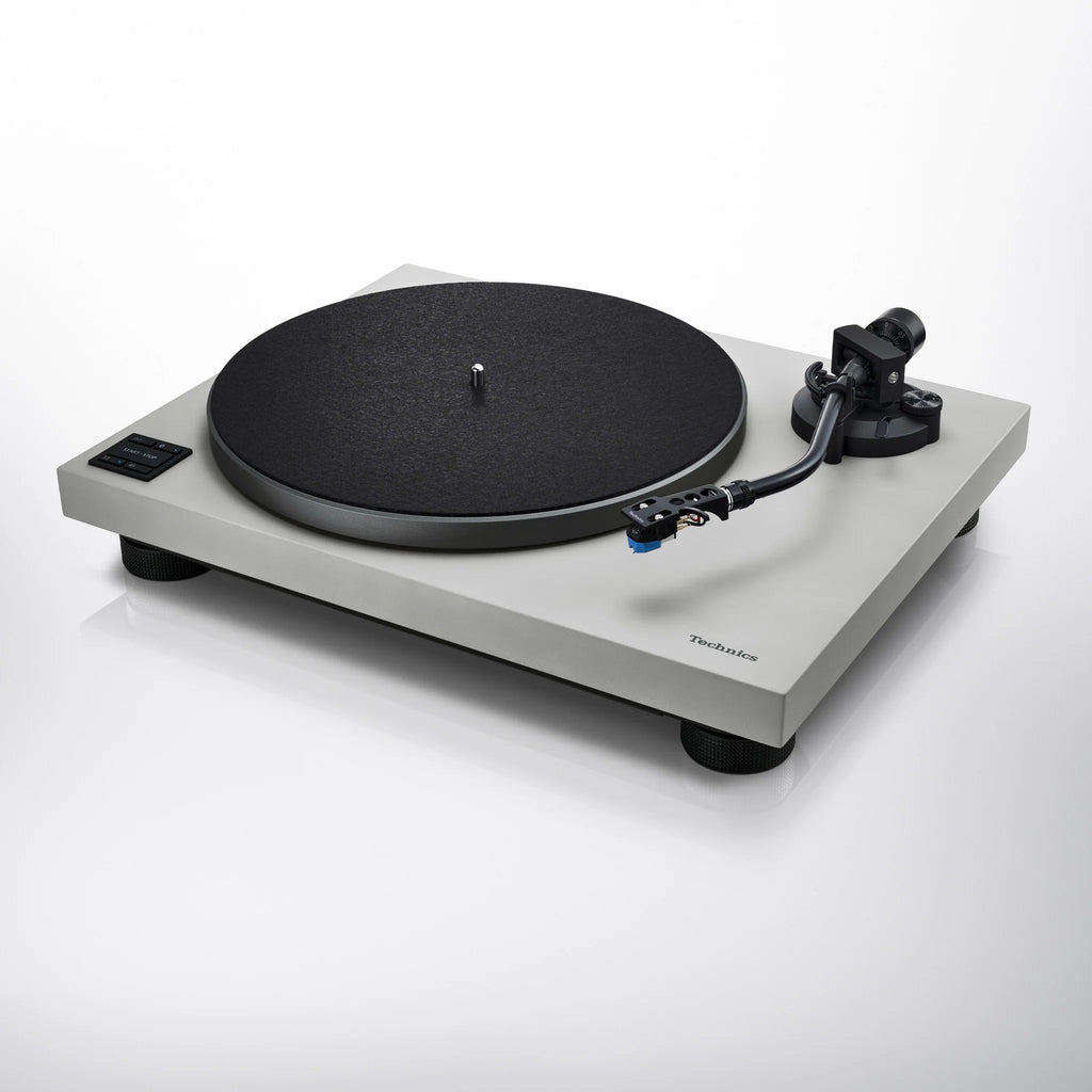 Technics SL-40CBT turntable with black finish, tonearm and platter, viewed from a front-angle tilt perspective.