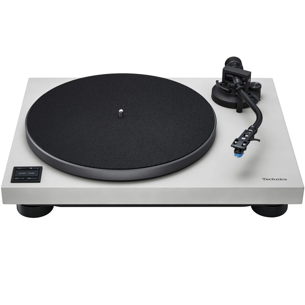 Technics SL-40CBT turntable with black finish, showing the tonearm and platter from a front angle on a clean surface.
