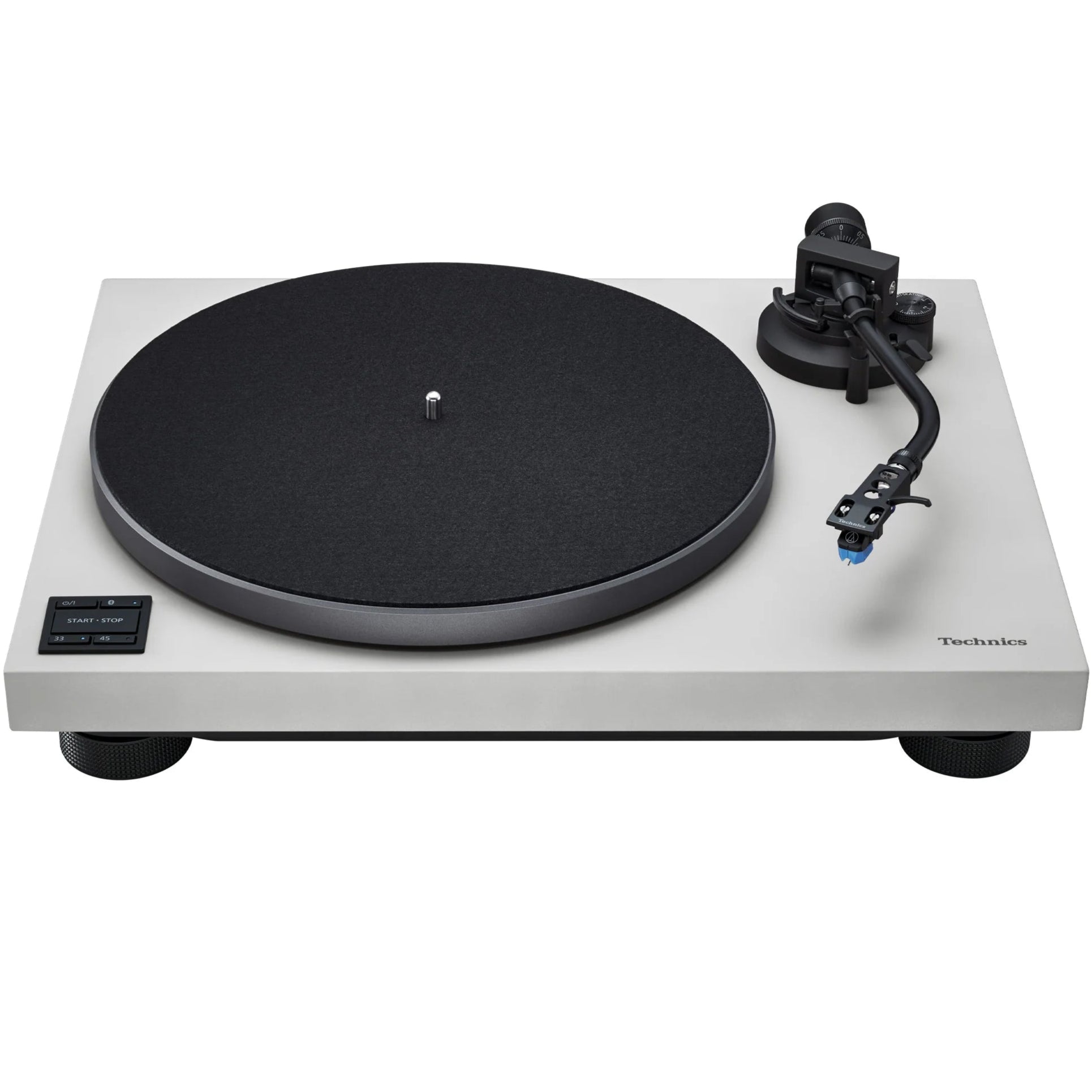 Technics SL-40CBT turntable with black finish, showing the tonearm and platter from a front angle on a clean surface.