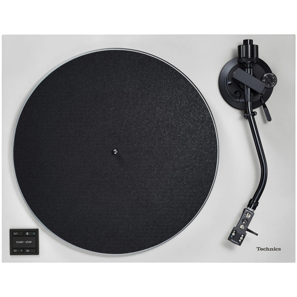 Technics SL-40CBT turntable with black finish, featuring a sleek tonearm and control panel for high-quality vinyl playback.