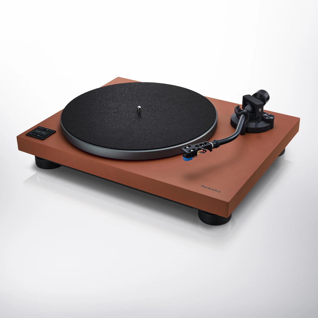 Technics SL-40CBT turntable with a black platter, tonearm, and control buttons, viewed from a front angled perspective.