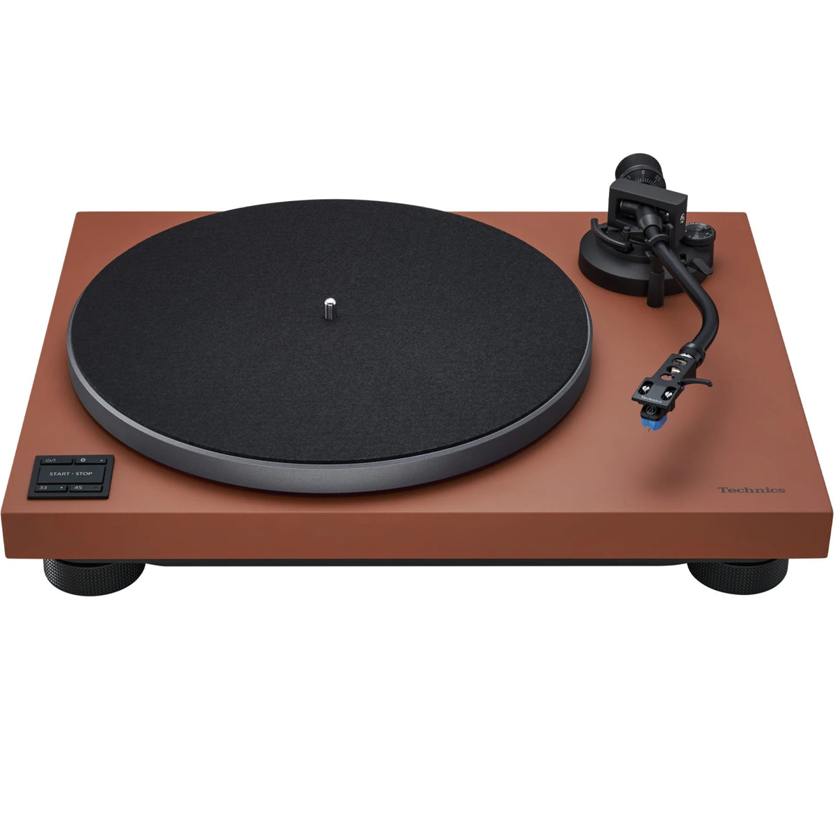 Technics SL-40CBT turntable with a sleek black finish, featuring a tonearm and control panel from a front angle.