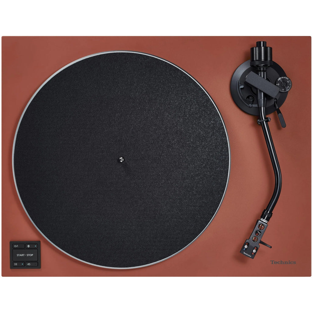Technics SL-40CBT turntable with a sleek black design, featuring a tonearm and control knobs for high-quality vinyl playback.