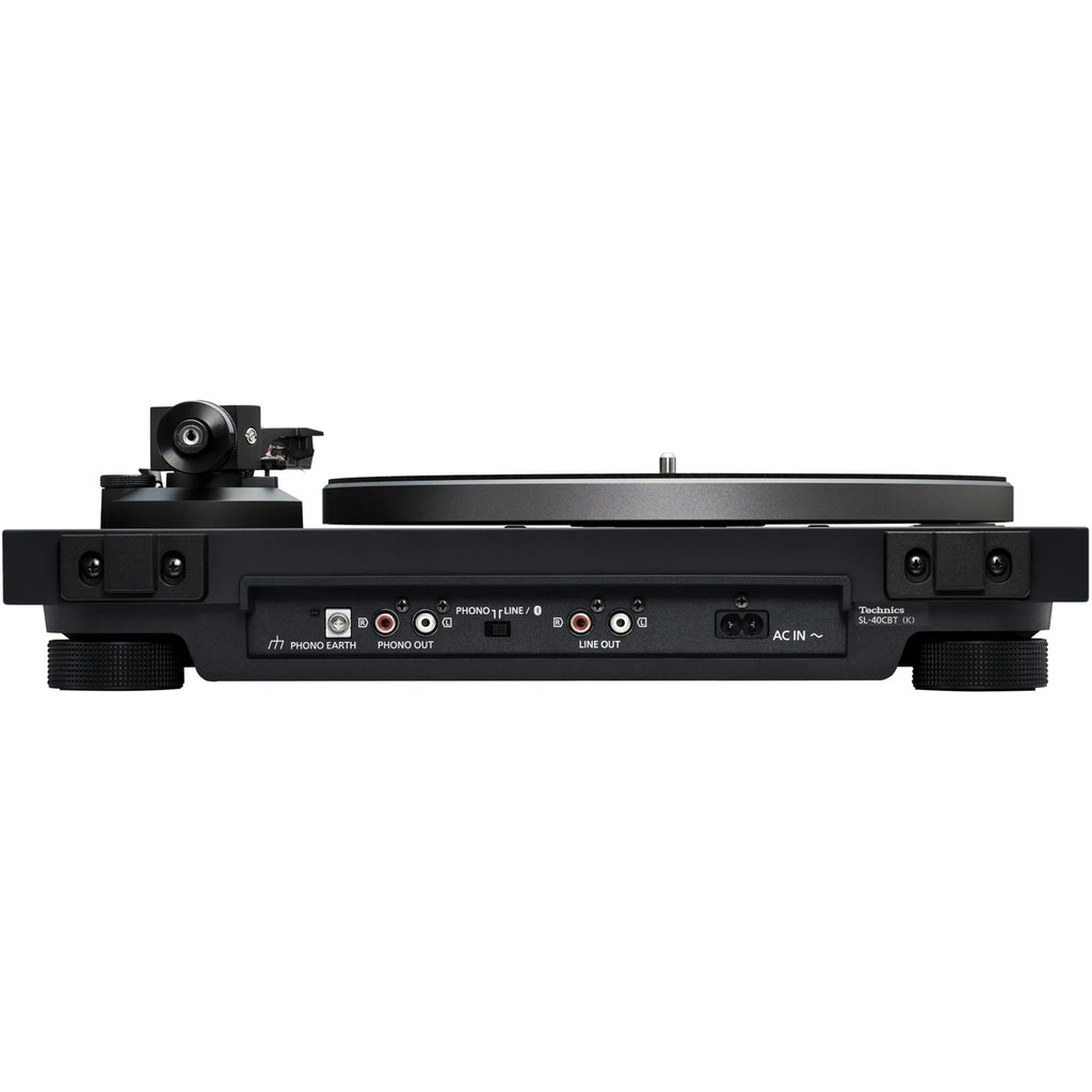 Technics SL-40CBT turntable with a sleek black finish, featuring tonearm and control knobs visible from the back.