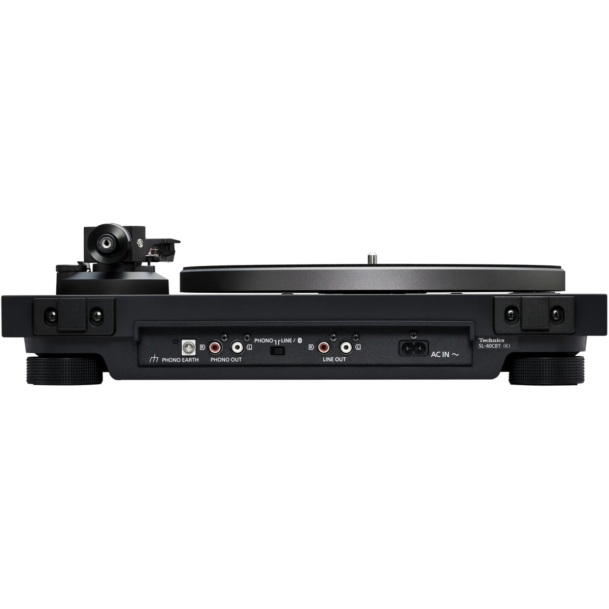 Technics SL-40CBT turntable with a sleek black finish, featuring tonearm and control knobs visible from the back.