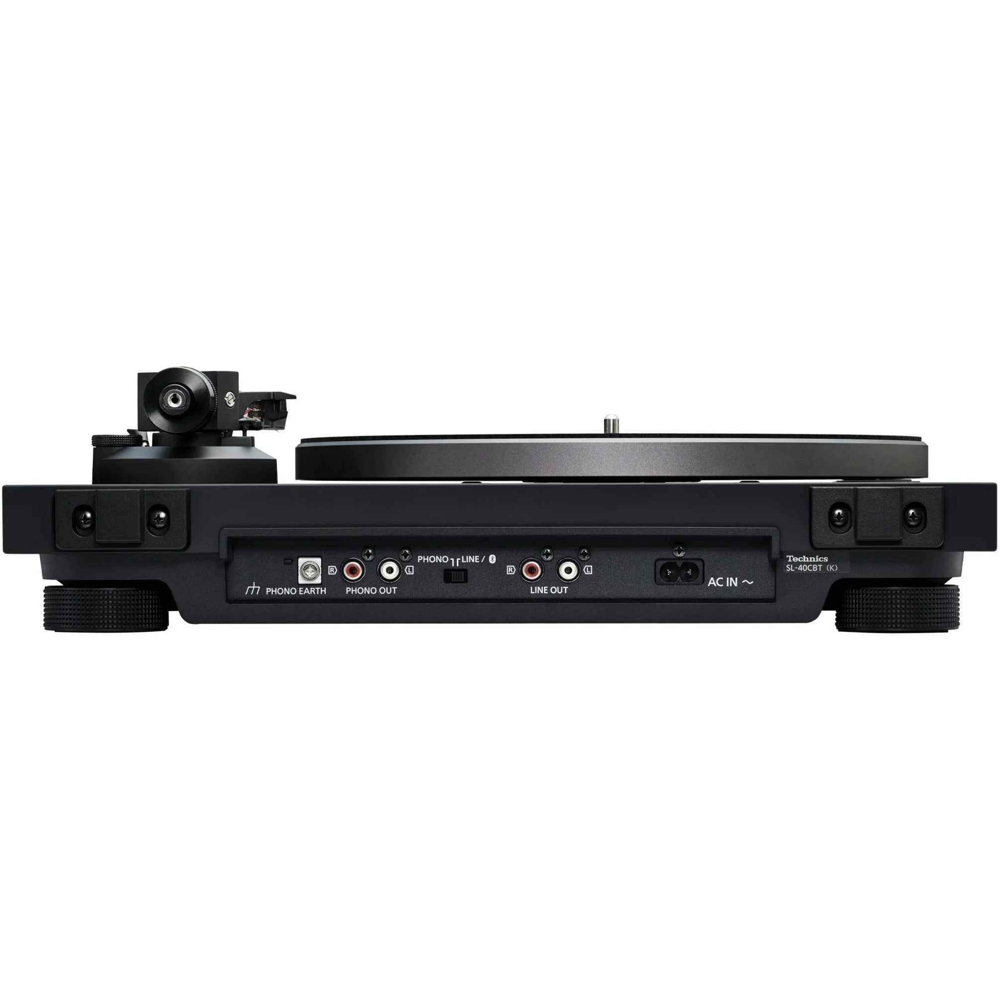 Technics SL-40CBT turntable with a sleek black finish, featuring tonearm and control knobs visible from the back.