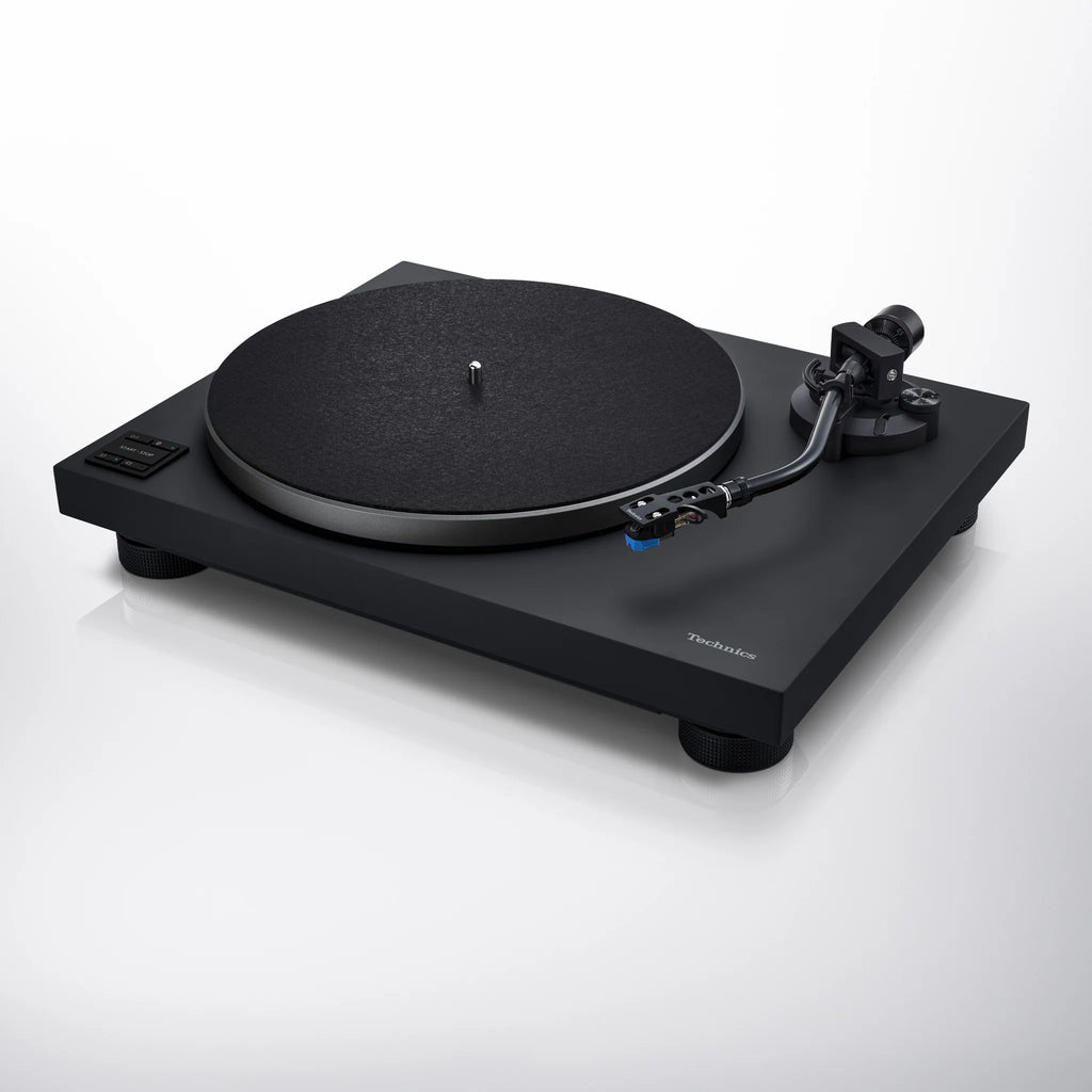 Technics SL-40CBT turntable shown from front-side angle, featuring a sleek design and control panel for vinyl playback.