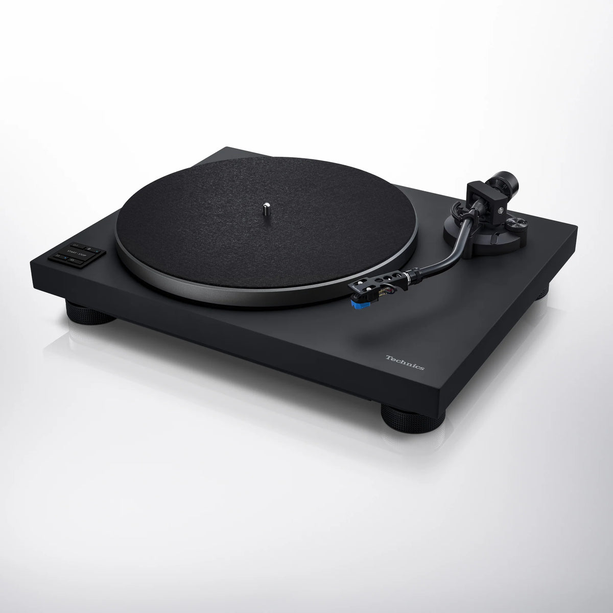Technics SL-40CBT turntable shown from front-side angle, featuring a sleek design and control panel for vinyl playback.