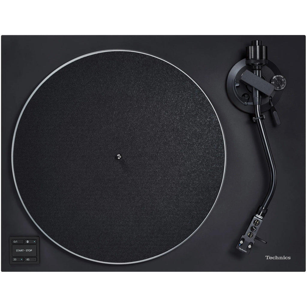 Technics SL-40CBT turntable showing a sleek black design with tonearm and platter, ready for vinyl playback.