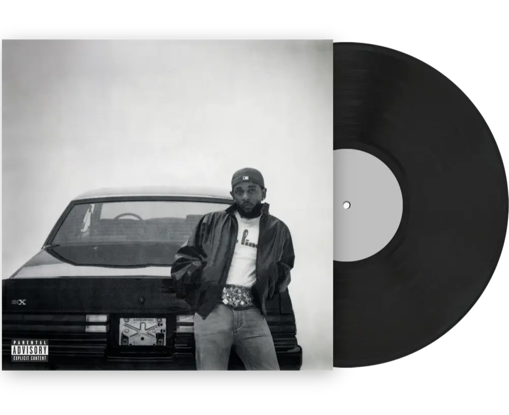Black vinyl LP of Kendrick Lamar's GNX album, hip-hop/trap music by Interscope Records, shown in a standard black record sleeve.