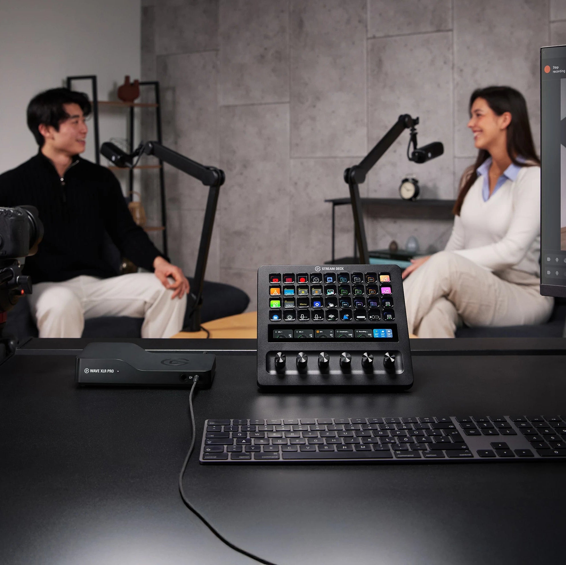 Elgato Stream Deck XL video editing controller with customizable LCD keys, used for streamlining content creation workflows.