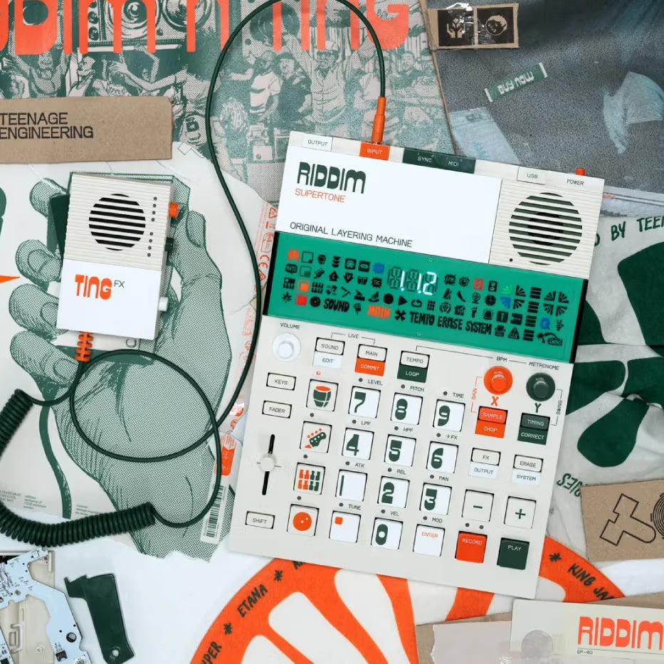 Teenage Engineering EP-40 and EP-2350 drum machines and samplers, showcasing modern reggae-inspired music production equipment.