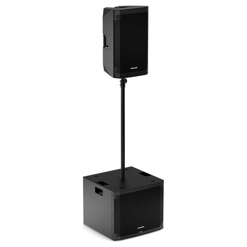 Mackie Thrash15v2 on a Mackie SPM400 speaker pole above a Mackie Thump18Sv4 subwoofer