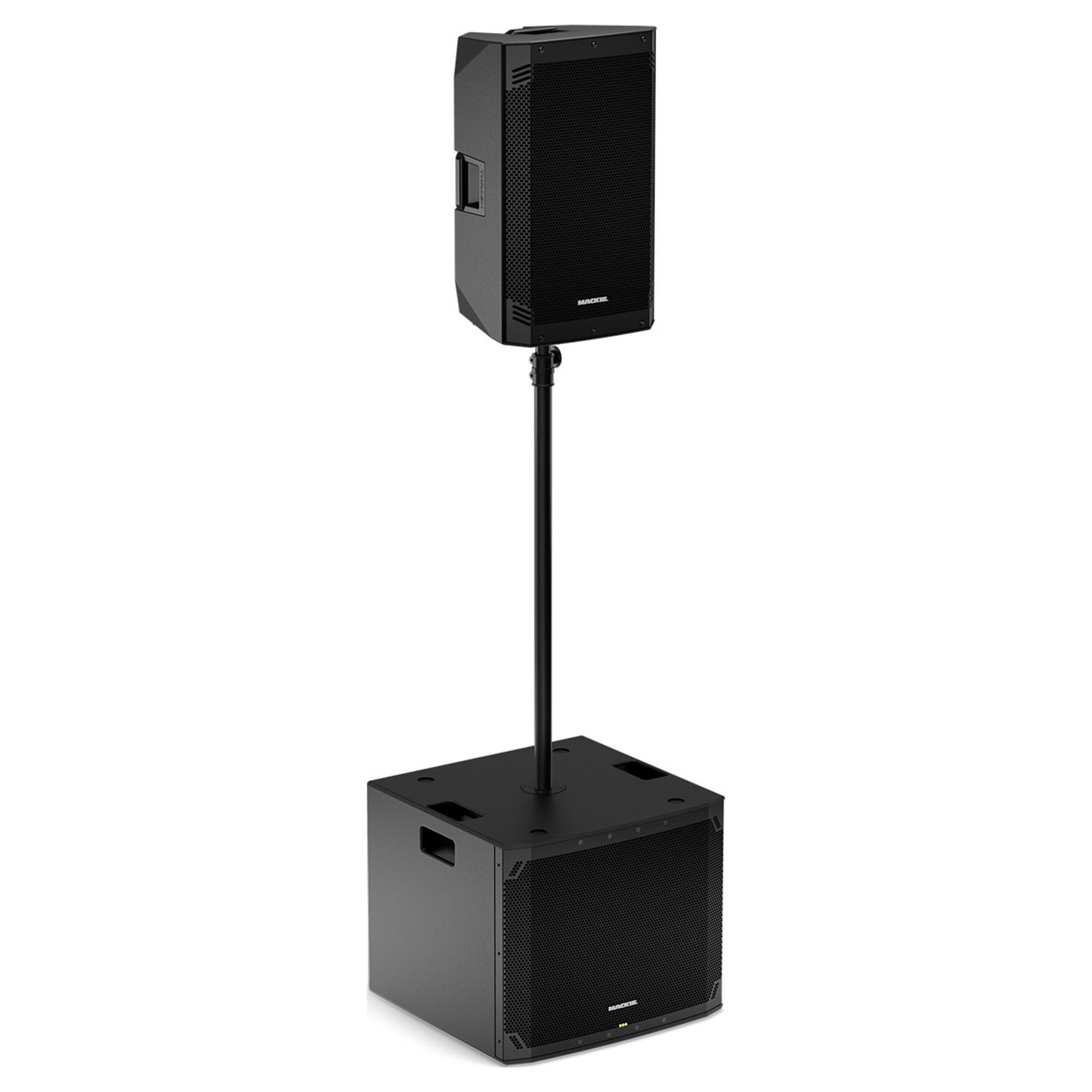 Mackie Thrash15v2 on a Mackie SPM400 speaker pole above a Mackie Thump18Sv4 subwoofer