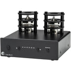 Pro-Ject Tube Box E phono preamp with tube circuitry, compact design, and input/output connections for high-quality vinyl playback.