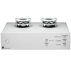 Pro-Ject Tube Box S3 B silver phono preamp with tube and control knobs, designed for high-quality vinyl record playback.