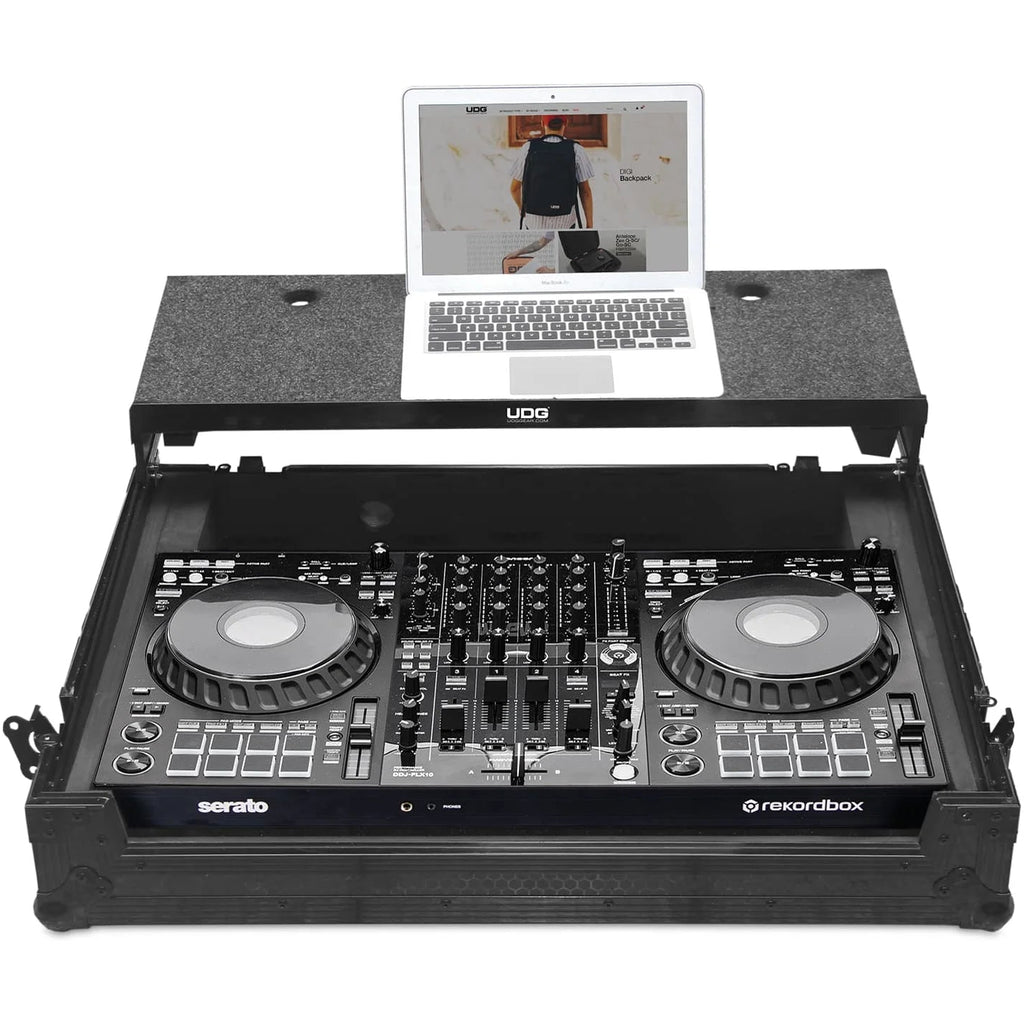 Black UDG Ultimate Flight Case designed for Pioneer DDJ-FLX10 DJ controller, offering durable protection and secure transport.