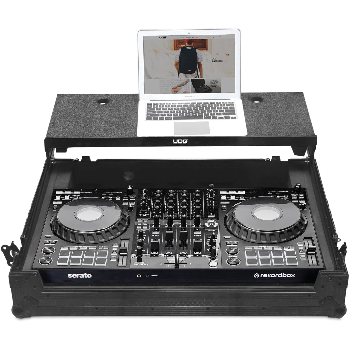 Black UDG Ultimate Flight Case designed for Pioneer DDJ-FLX10 DJ controller, offering durable protection and secure transport.