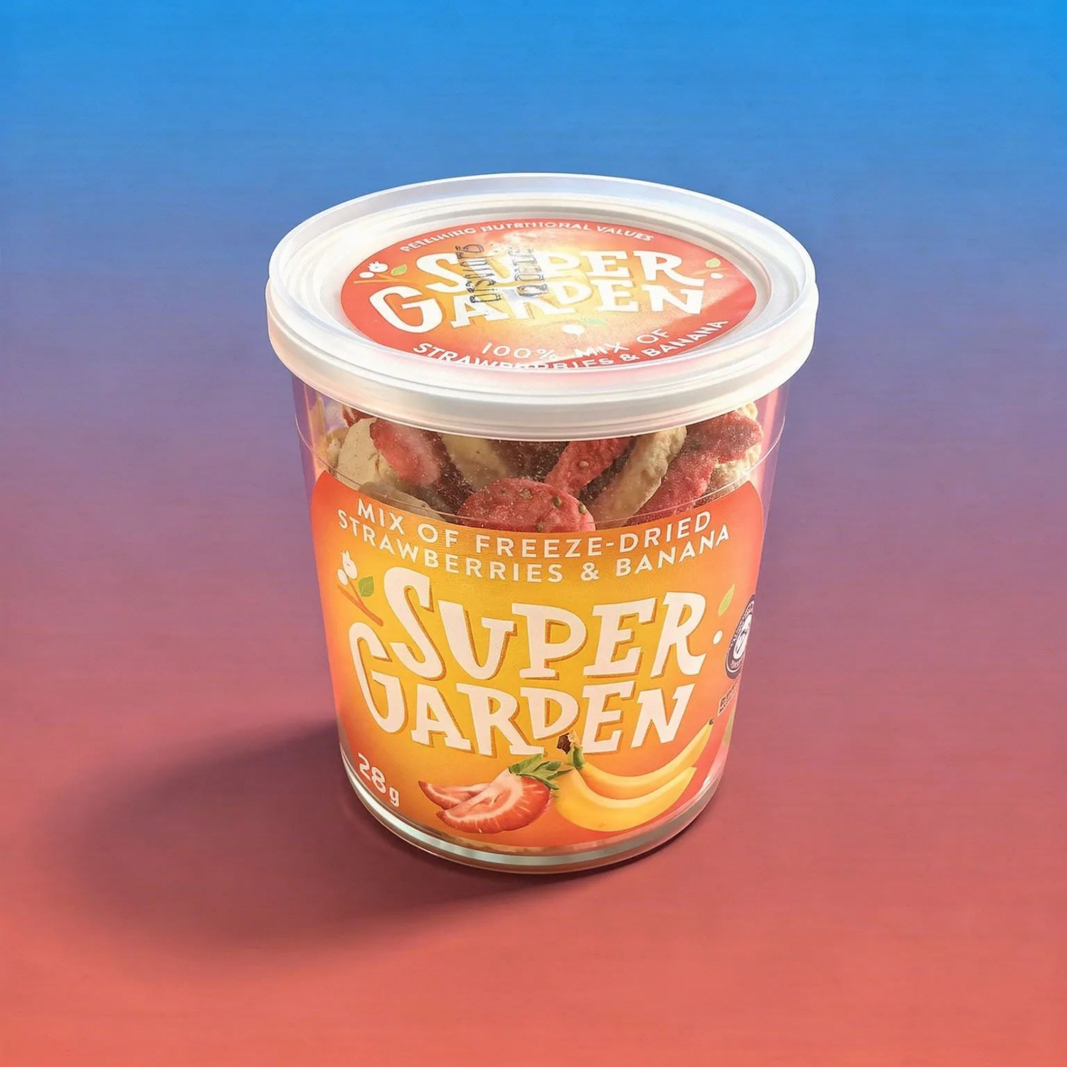 Dried strawberry and banana mix in a 40g package from Supergarden, showcasing the colorful dried fruit pieces in the image.