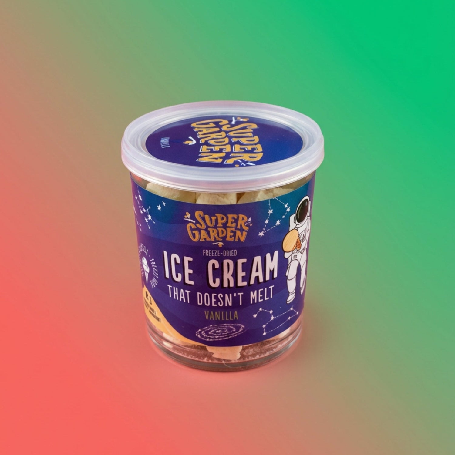 Supergarden freeze-dried vanilla ice cream in a 35g package, showing the colorful product packaging and a scoop of vanilla ice cream