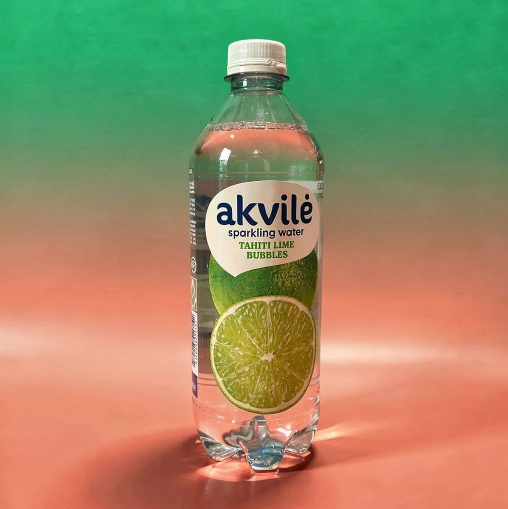 A 600ml bottle of Akvilė Tahiti Lime Lightly Sparkling Water with a lime illustration on the label.