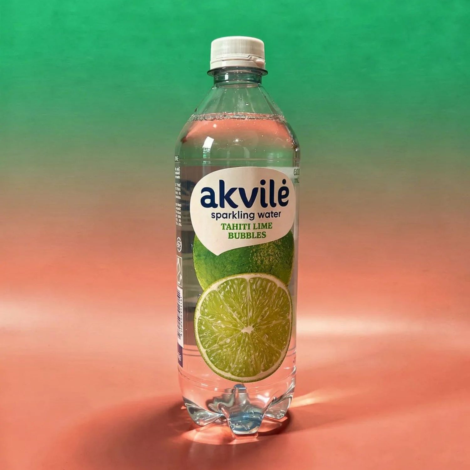A 600ml bottle of Akvilė Tahiti Lime Lightly Sparkling Water with a lime illustration on the label.