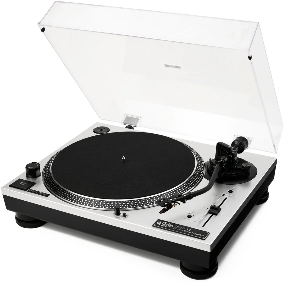 Vestlyd Pro T1 DJ turntable with sleek black design, control knobs, and platter for professional audio mixing and DJing.