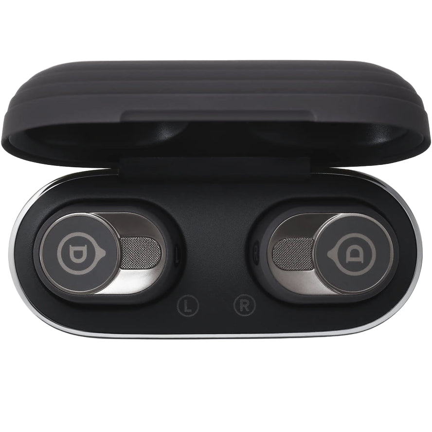 Black Devialet Gemini II wireless in-ear headphones with sleek design and compact charging case.