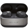 Devialet Gemini II wireless in-ear headphones in sleek Saphir Black with compact design and earbud tips visible.
