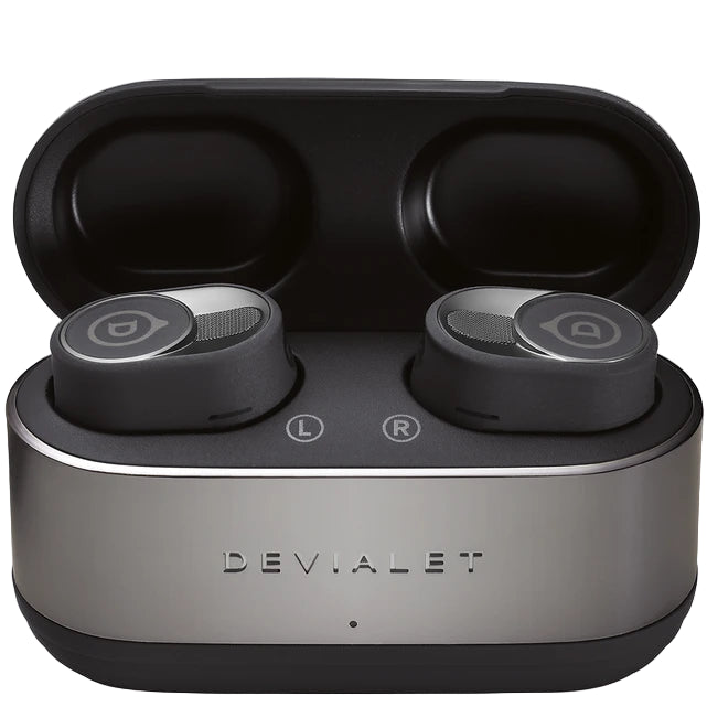 Devialet Gemini II wireless in-ear headphones in sleek Saphir Black with compact design and earbud tips visible.