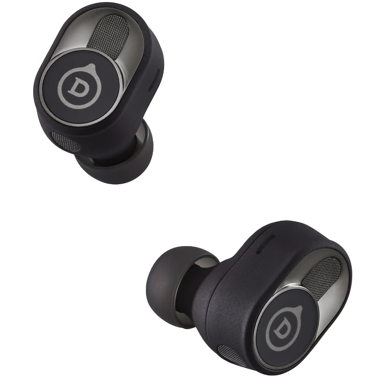 Devialet Gemini II wireless in-ear headphones in sleek black with compact design and in-ear earbuds, shown in a product packshot image.