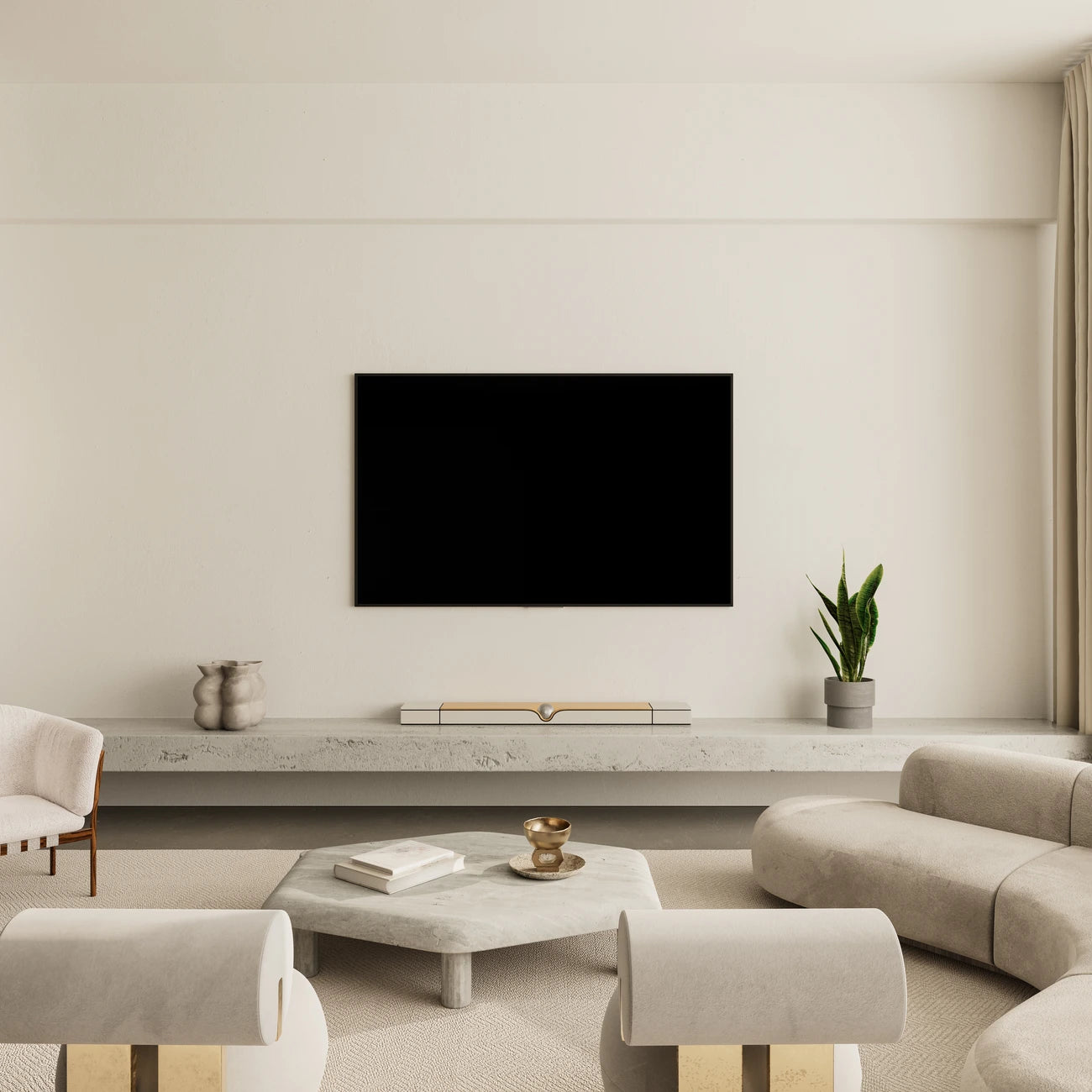 Devialet Dione soundbar with sleek design, shown in a modern living room setup for immersive TV audio experience.
