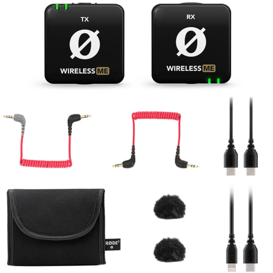 Rode Wireless ME creator wireless microphone system with transmitter and receiver setup on a white background