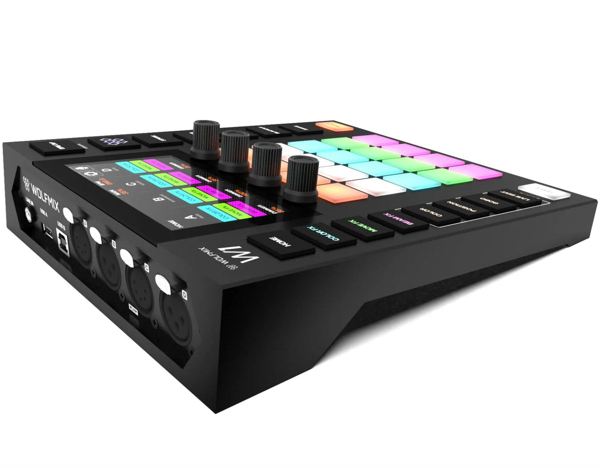Wolfmix W1 MK2 lighting controller interface with multiple input and output ports for professional stage lighting control.