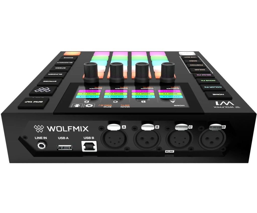 Wolfmix W1 MK2 lighting controller and interface device with multiple input and output ports for professional lighting setups.