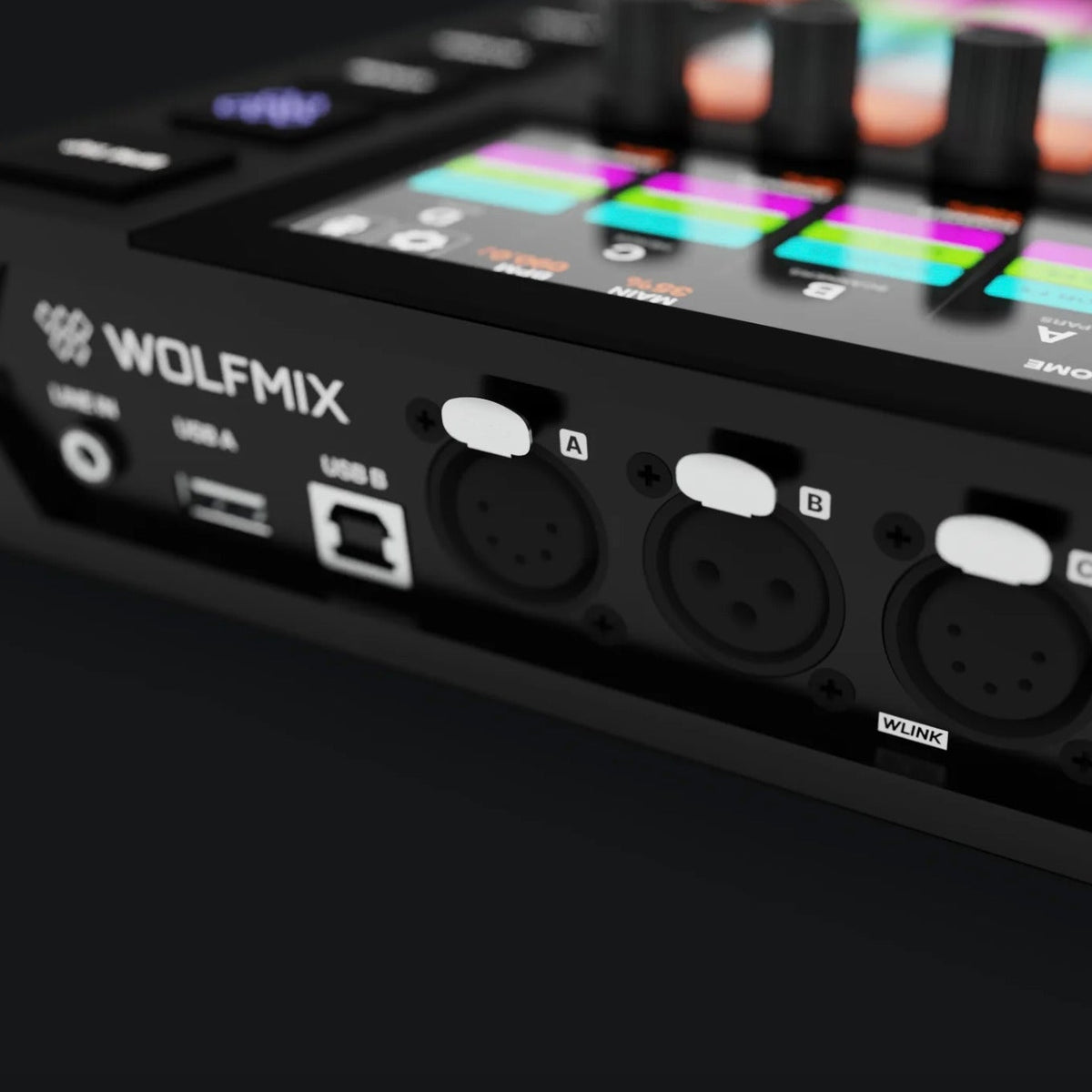 Wolfmix W1 MK2 lighting controller interface with multiple input ports and control buttons for professional stage lighting setups.