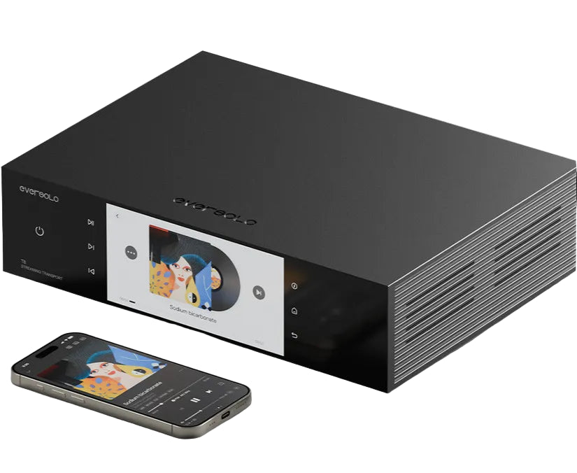 Eversolo T8 music streamer device with sleek black design and front display, showcasing its modern audio streaming capabilities.