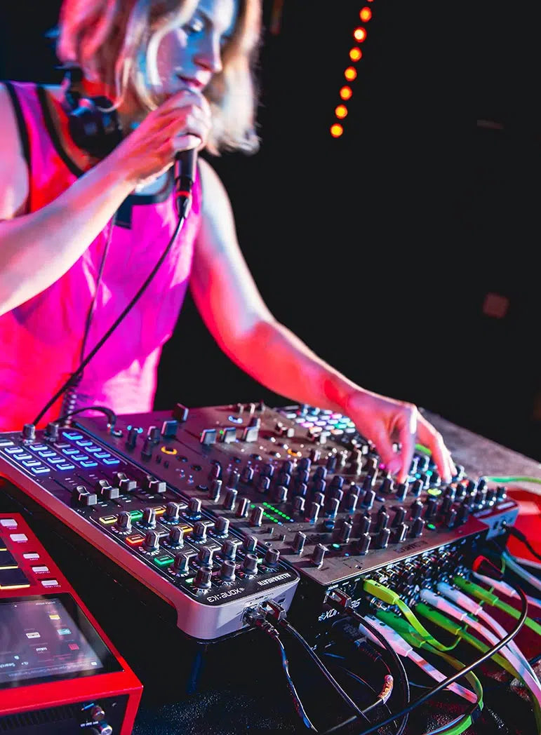 Allen & Heath Xone:K3 DJ controller with multiple knobs, faders, and controls for professional music mixing.
