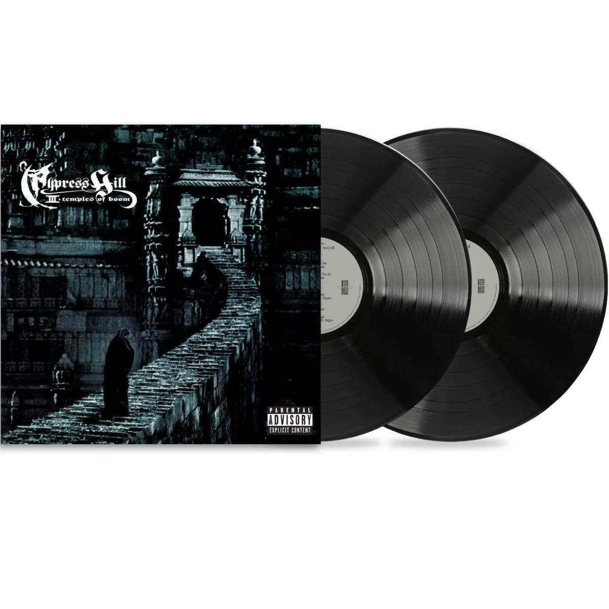 Black vinyl double LP of Cypress Hill's III (Temples Of Boom) album, Columbia Records, featuring the album cover and vinyl records.