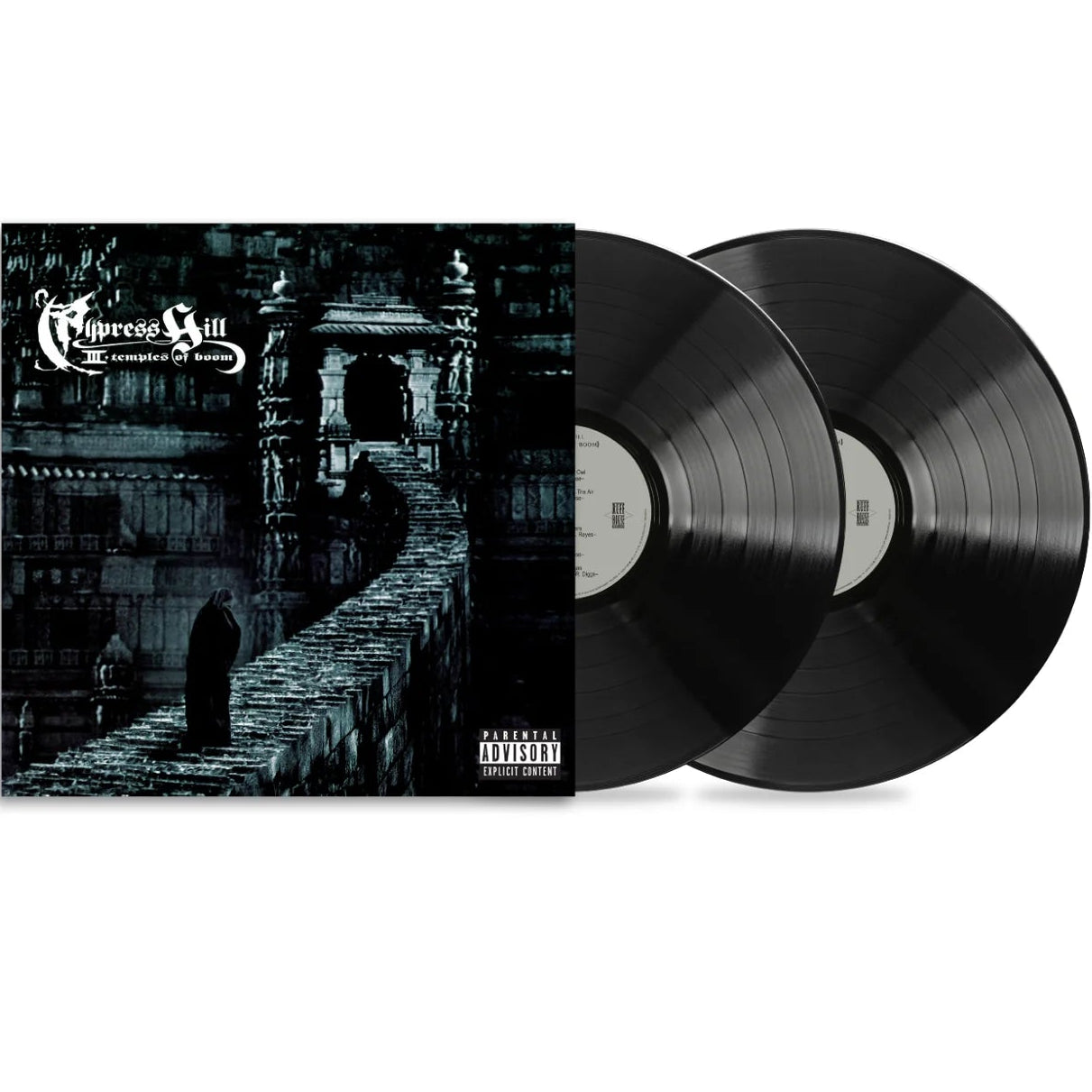 Black vinyl double LP of Cypress Hill's III (Temples Of Boom) album, Columbia Records, featuring the album cover and vinyl records.